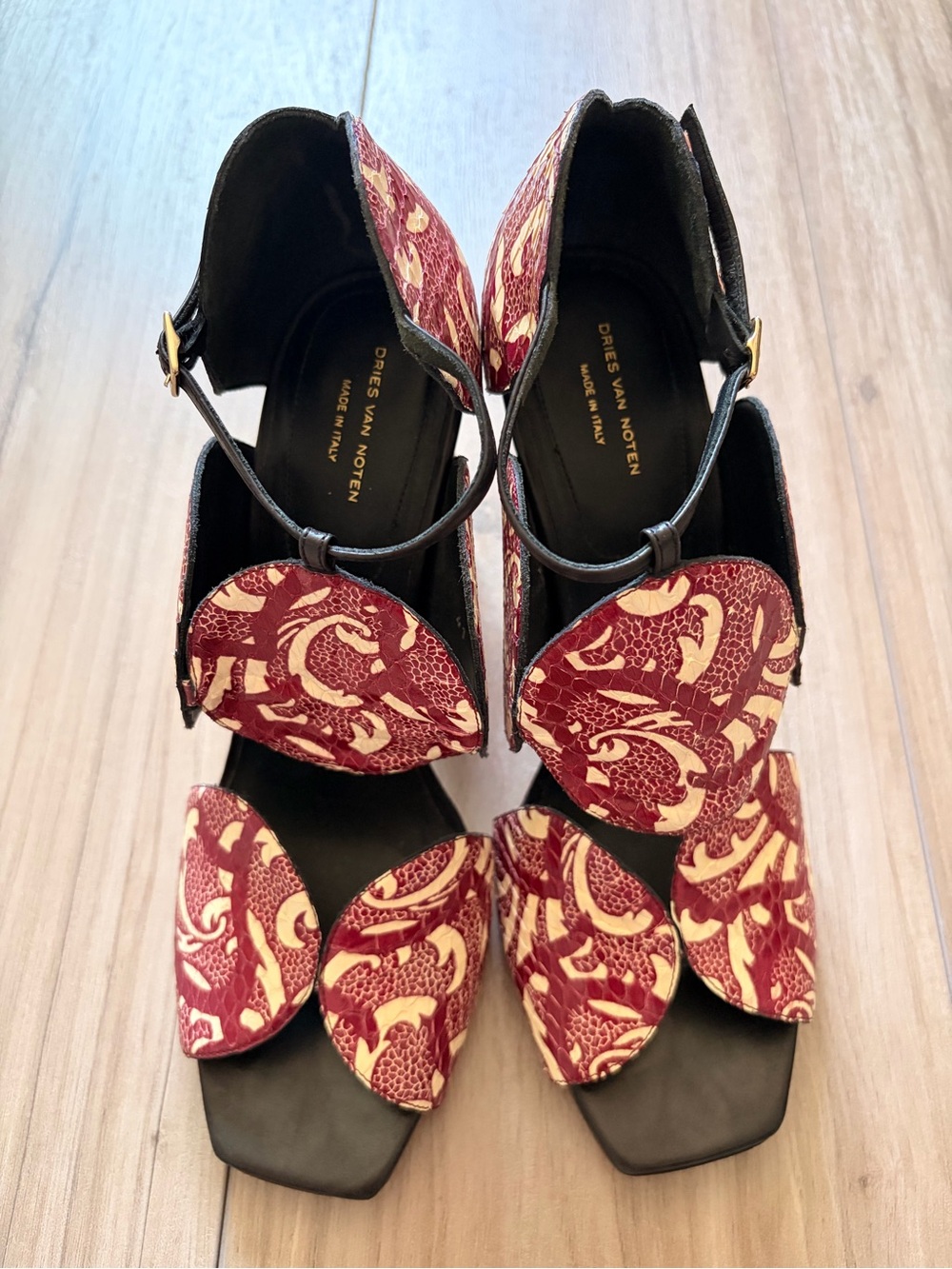 Dries Van Noten Burgundy and Cream Patterned Strap Heels